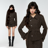 4muggle 女 短裙半裙套装 繁星 深咖色小香风毛呢外套亮晶晶法式