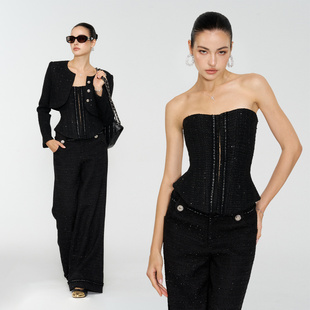 吊带性感长裤 小香风羊毛三件套法式 显瘦外套女 黑色月光 4muggle