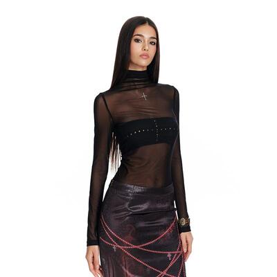 4muggle十字架烫钻网纱打底衫女