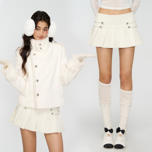 4muggle原创设计白色呢子半裙女团冬季 百褶裙学院风气质制服短裙