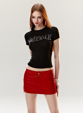 4muggle原创春夏新款红色纯欲铆钉迷你皮裙辣妹超短裙性感包臀裙