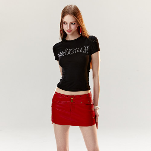 4muggle原创铆钉迷你皮裙包臀裙