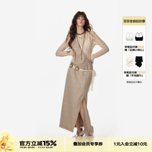 4muggle原创设计早春新款 画家气质长裙单肩抽褶纯欲连衣裙女显瘦