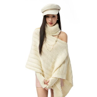 4muggle 白色棒针针织斗篷不规则纯欲毛衣露肩上衣女 刚柔物语