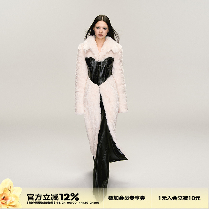 4muggle原创拼接长款皮草外套粉