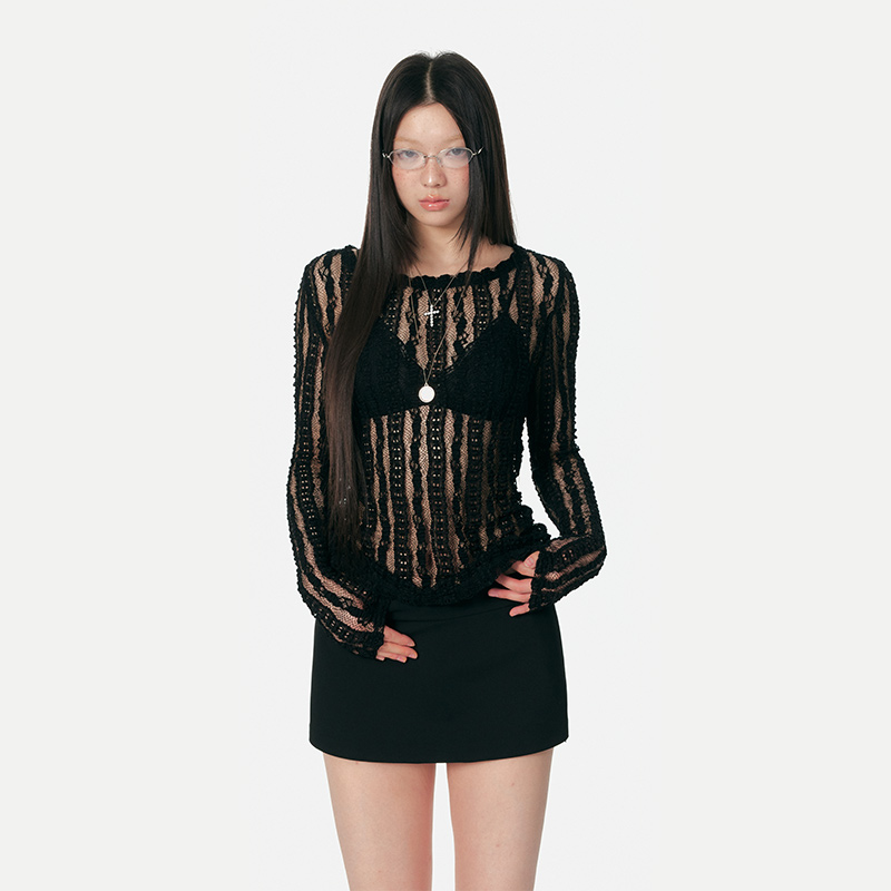 4muggle一字领蕾丝打底衫上衣女