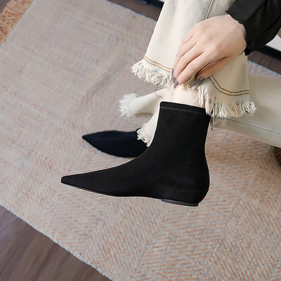 6383-2韩版时尚复古绒面尖头低跟小坡跟内短筒靴尖头百搭短靴