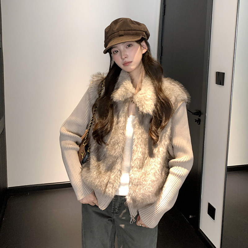 鸭鸭皮草毛毛针织袖可拆卸棉袄女