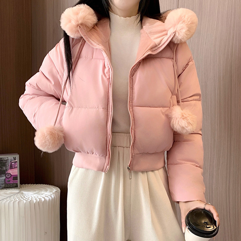 鸭鸭大毛领短款加绒棉服韩系棉服