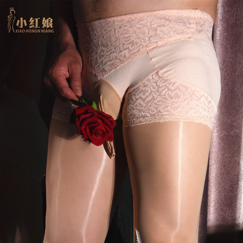 小红娘丝袜男士高腰平角内裤一体丝袜jj套伪娘蕾丝油亮连裤袜