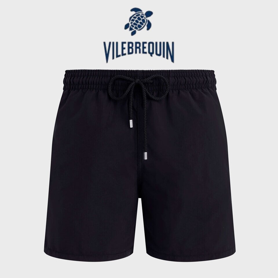 VILEBREQUIN黑色沙滩裤男海龟纯色泳裤内衬度假海边刺绣温泉短裤