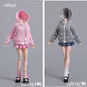 现货cdtoys cd036 1/12女兵人拉连卫衣百褶裙套装 1/12素体可f穿