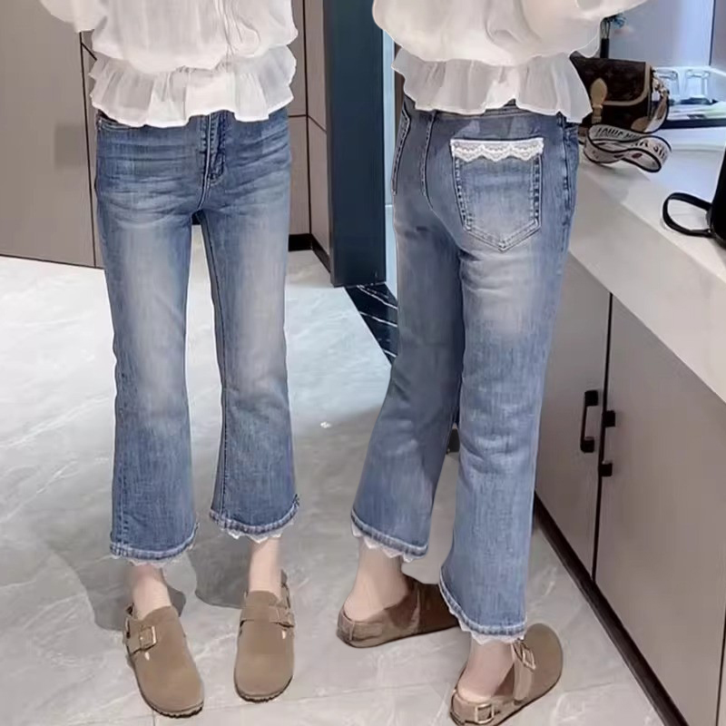 小个子蕾丝花边九分直筒牛仔裤子女2025春季新款显瘦弹力微喇叭裤