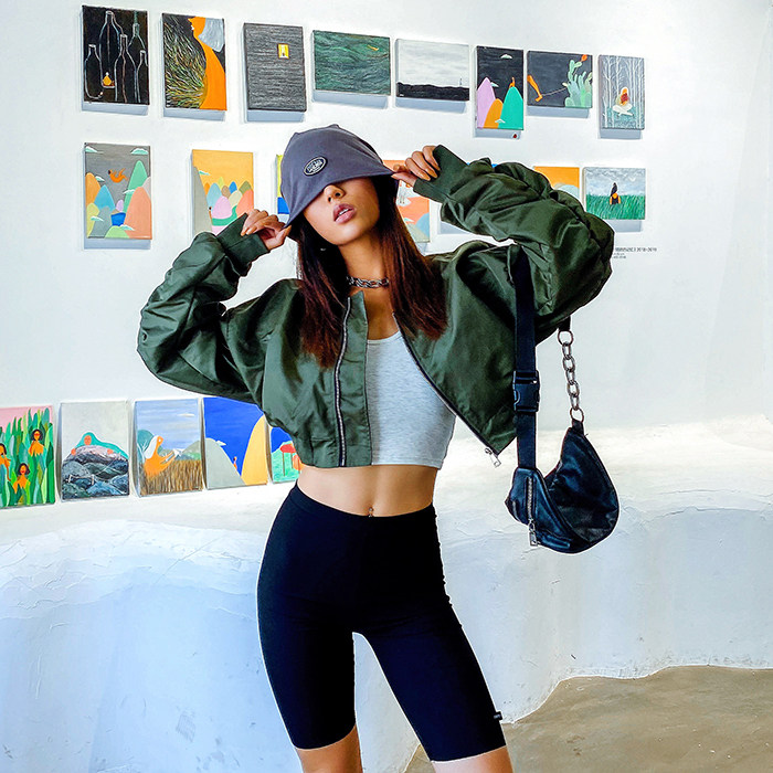 镭色lazer欧美休闲短款外套百搭军绿拉链宽松工装 棒球服廓形上衣