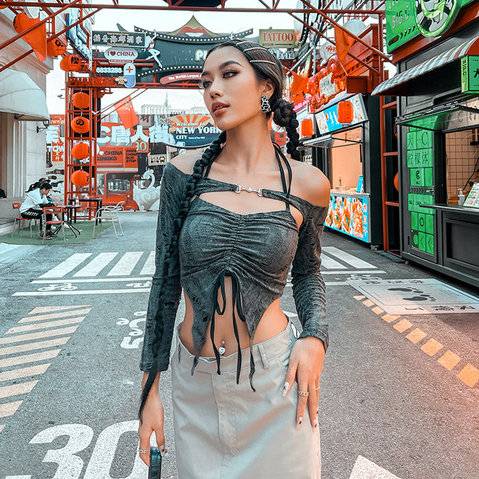 镭色lazer欧美挂脖吊带+短外套上衣设计感小背心长袖小开衫两件套