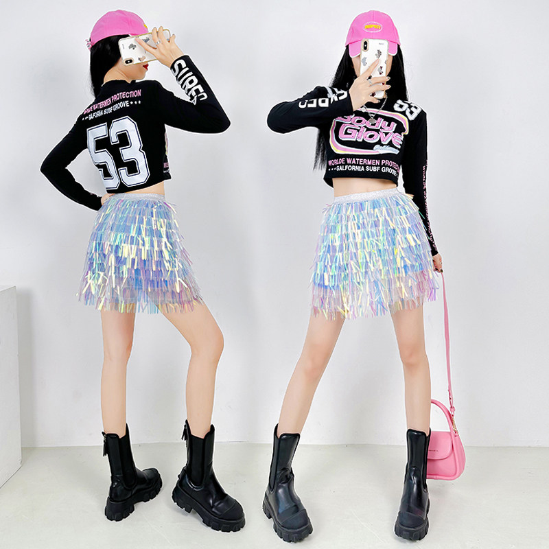 时尚跳舞表演服装啦啦队镭射裙尊巴上衣爵士舞somi同款女团演出服