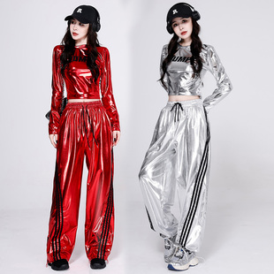嘻哈表演套装 爵士舞炫彩上衣反光阔腿裤 亮闪闪跳舞演出服女团时尚
