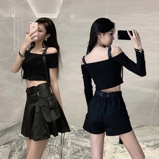 黑色高腰工装 两件套 女夏半身裙套装 嘻哈bf蹦迪舞蹈潮服爵士舞服装