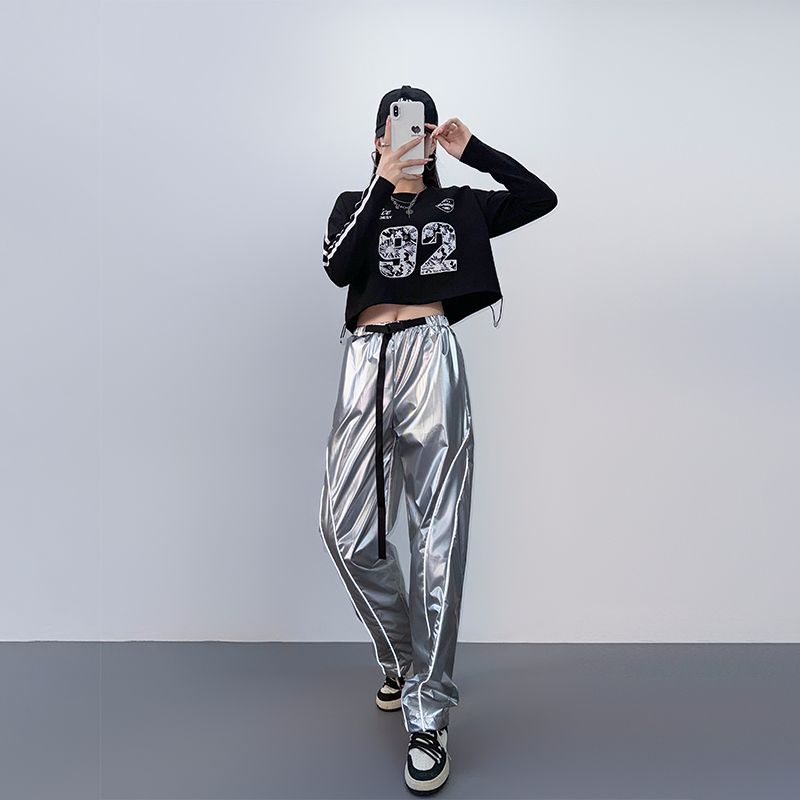 2025春季舞蹈服爵士舞长袖卫衣街舞表演银色裤子跳舞啦啦队演出服