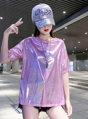 亮闪闪t恤女嘻哈拉拉队圆领复古爵士舞蹈演出服装蹦迪跳舞ds上衣