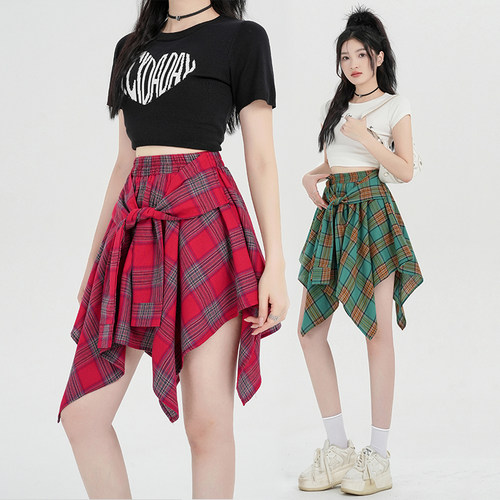 格子跳舞假两件舞蹈演出半身裙女