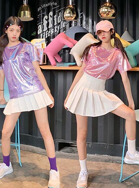 跳舞套装短袖女亮闪闪学生舞蹈表演松紧腰百褶裙拉拉队女团演出服