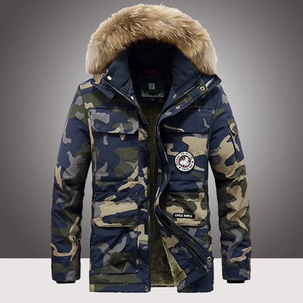 Camouflage Cotton Coat for Men, Winter Mid-Length Loose Fit, Large Size Parka Cotton Jacket with Fleece Lining, Thickened Cotton Padded Jacket with Fur Collar for Men