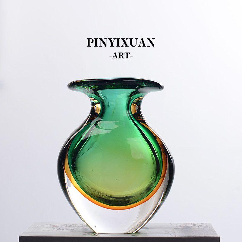 品一轩绿色套色喇叭口扁花瓶轻奢简约高级感琉璃花瓶家居送礼花器,家居饰品,花瓶,淘宝优惠券,粉丝福利购,淘宝优惠卷