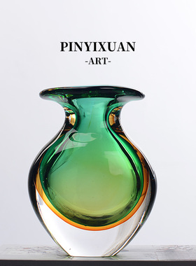 品一轩绿色套色喇叭口扁花瓶轻奢简约高级感琉璃花瓶家居送礼花器