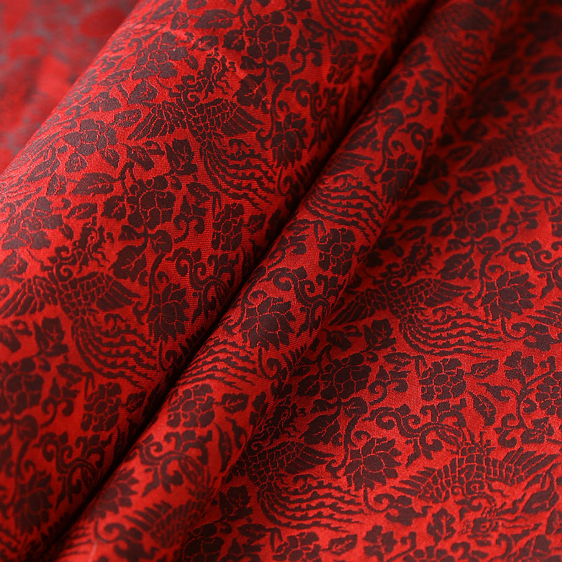 苏锦100%桑蚕丝140门幅唐装汉服旗袍马面裙服装面料红黑凤穿牡丹