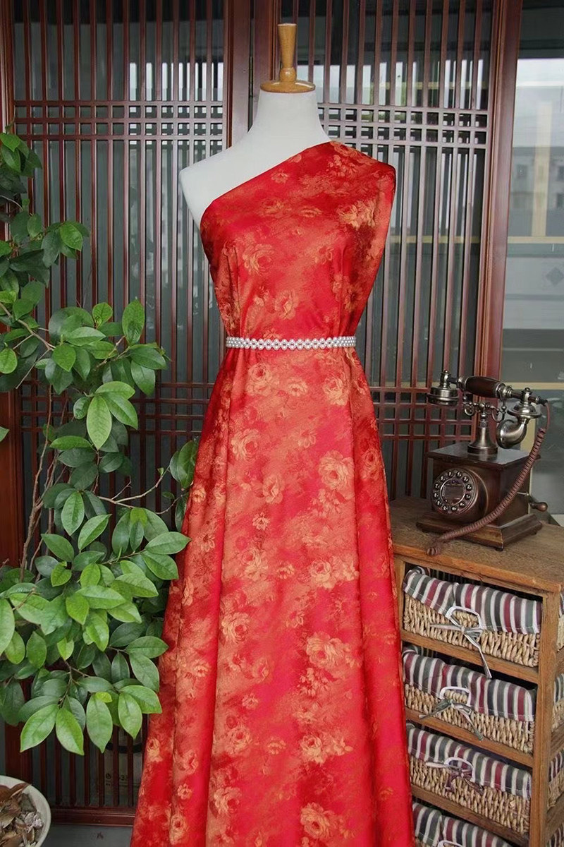 苏锦旗袍汉服中式服装100%桑蚕丝布料色织提花锦晕染玫瑰