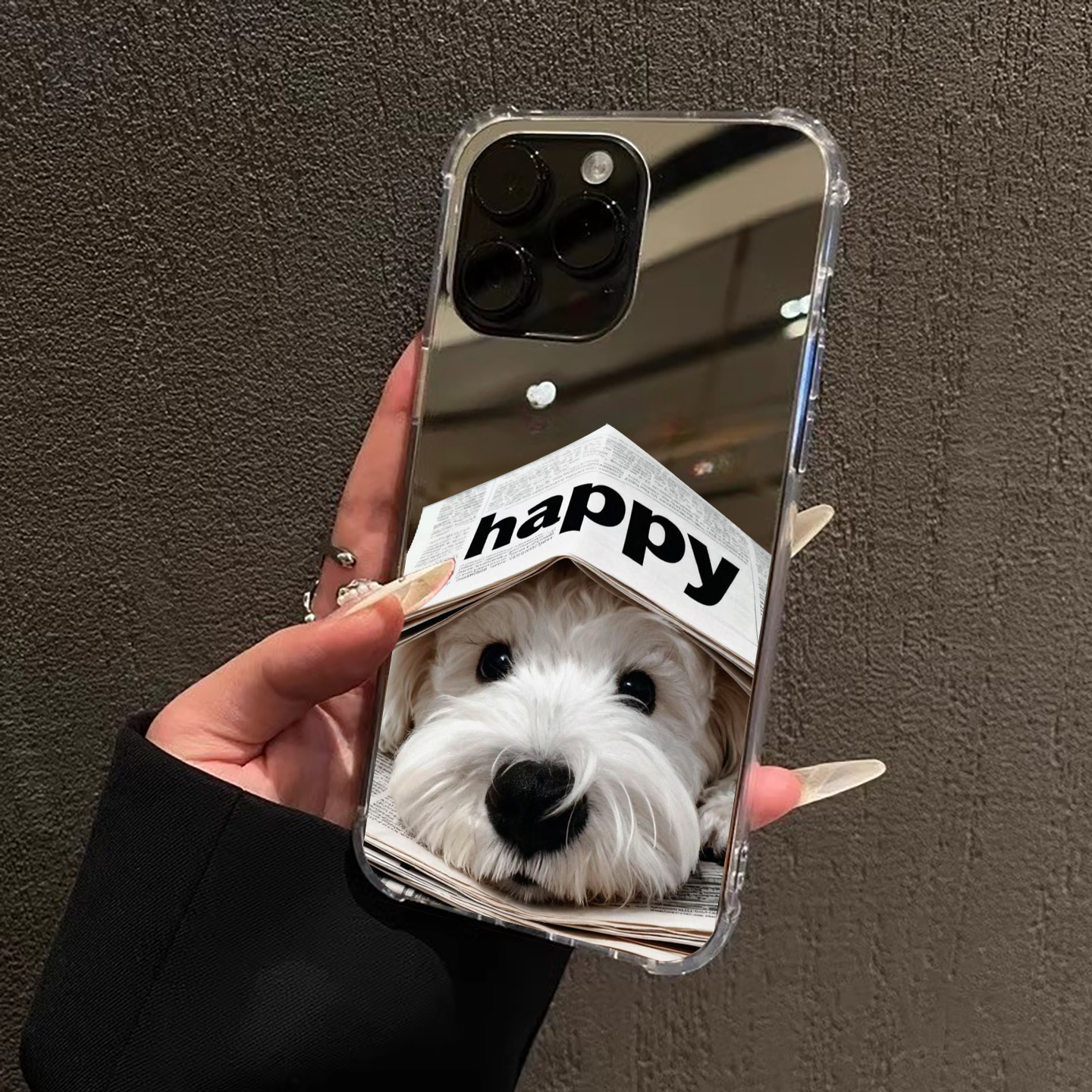 Happy小狗适用iPhone18苹果17手机壳16磁吸15ProMax可爱ins镜面13三星S24Ultra高级感25镜子Pura华为Mate40女