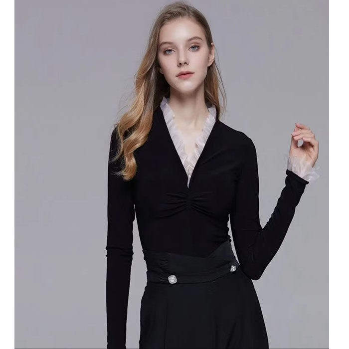 黑色修身性感时尚女士长袖形体训练上衣拉丁舞练功服舞服