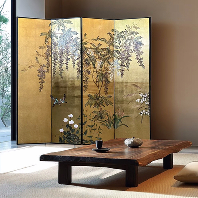 日式手绘紫藤花金箔漆画屏风隔断