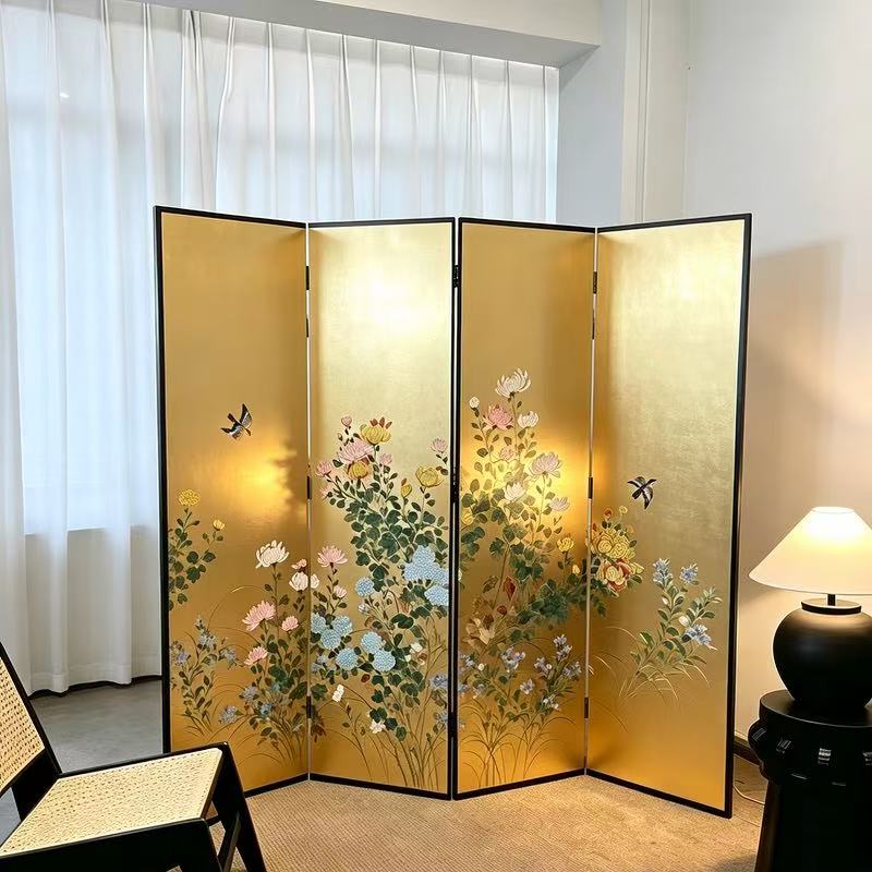 中日式菊花手绘金箔屏风漆画茶室隔断遮挡客厅折屏背景墙装饰定制