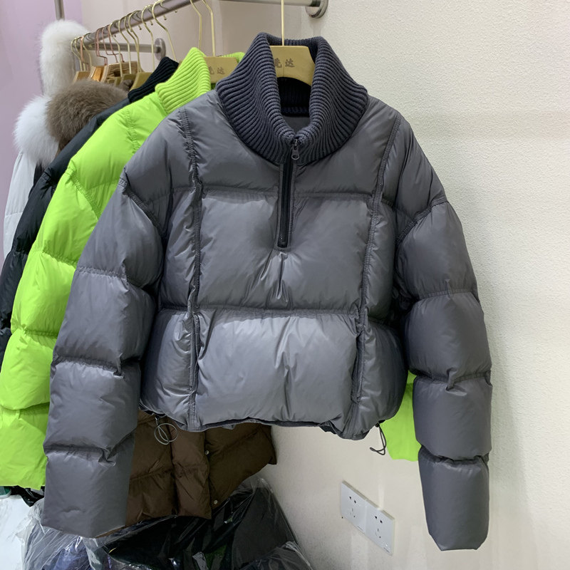2023韩版冬季新款套头羽绒服女螺纹领卫衣式半拉链短款立领面包服