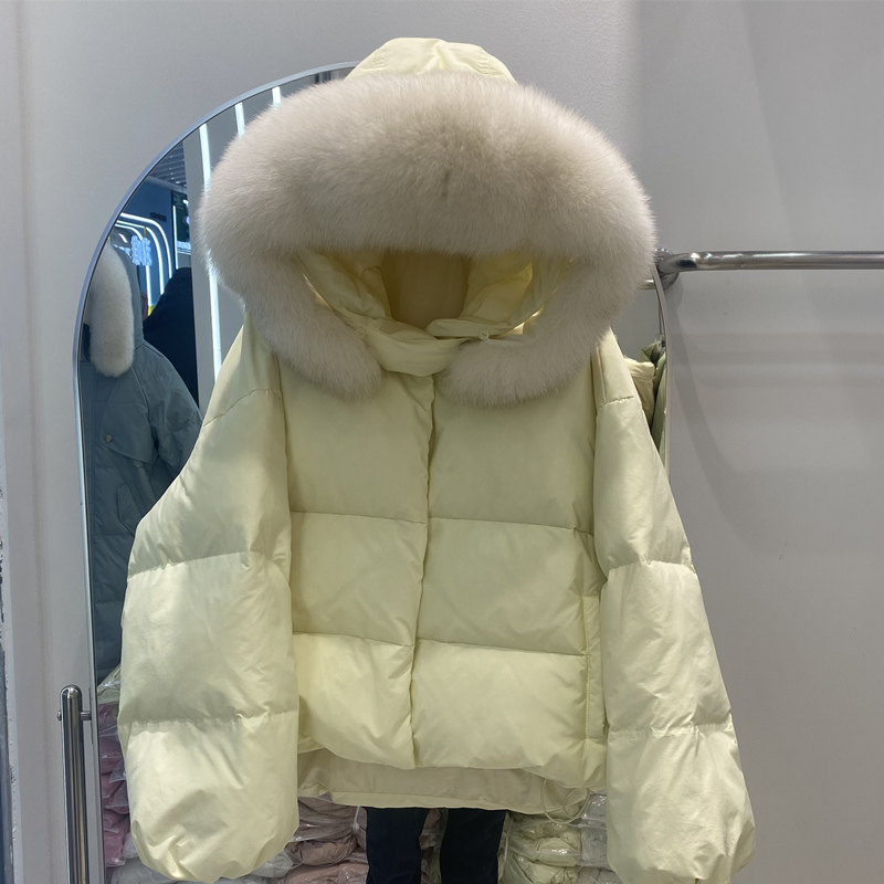 2023冬季韩版真毛领短款加厚羽绒服小个子白鸭绒时尚女士连帽外套
