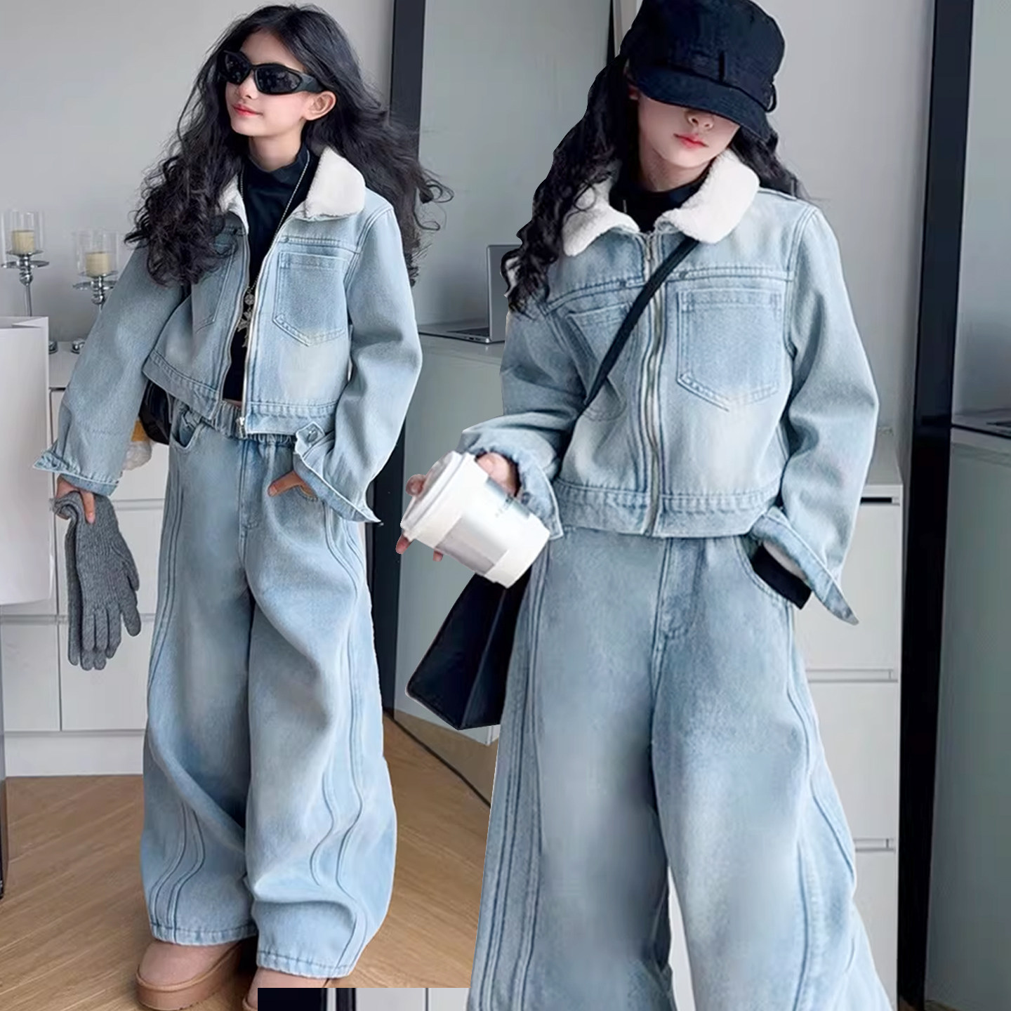 女童加绒牛仔套装2025秋冬新品中大童时尚牛仔衣外套阔腿裤两件套