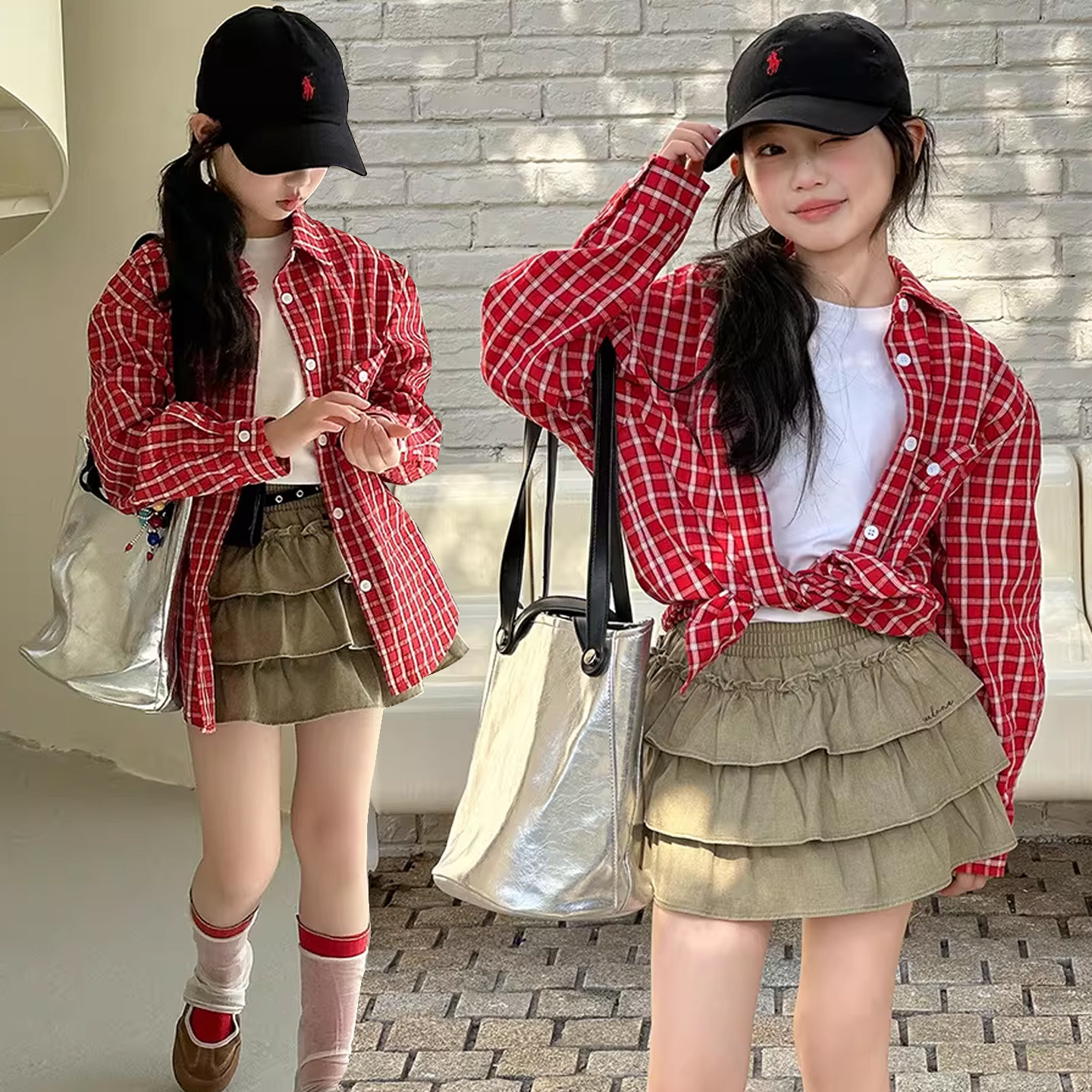 女童红衬衫2026春季新款中大童格子衬衣儿童中长款网红开衫上衣潮