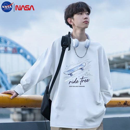 NASA联名长袖T恤男2026年新款滑板印花纯棉宽松内搭潮牌t恤上衣服