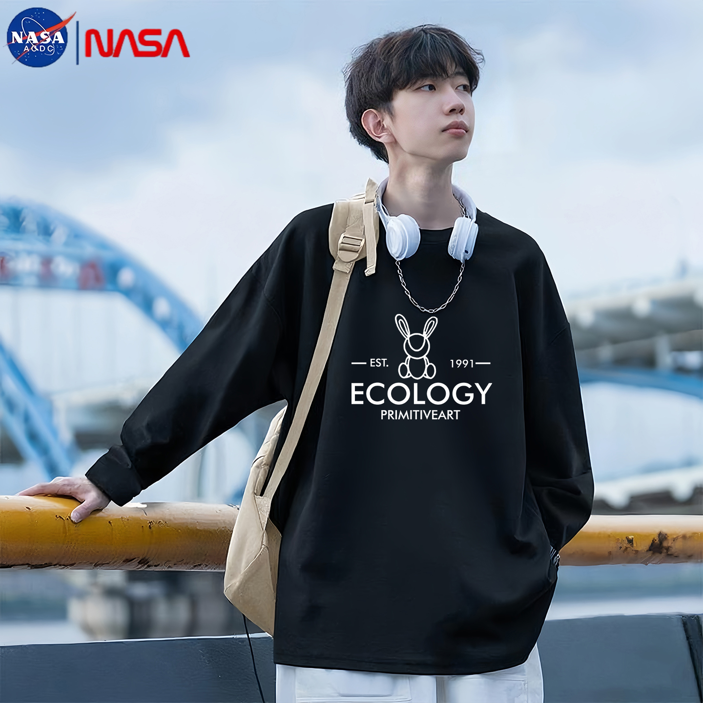 NASA联名纯棉长袖t恤男士秋冬2025新款青少年男生宽松内搭打底衫T