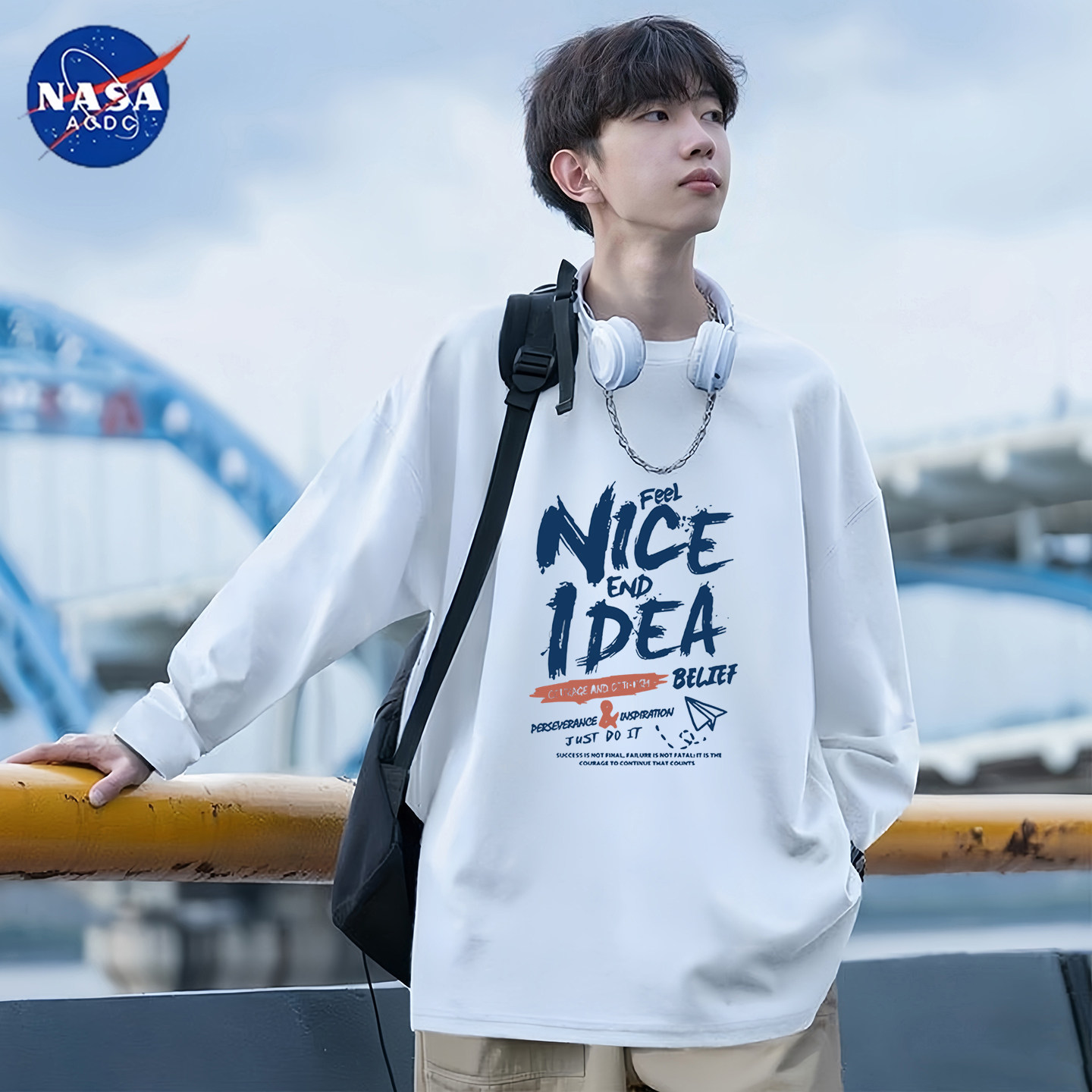 NASA联名长袖t恤男士重磅春秋2025新款冬宽松青少年男士纯棉内搭T