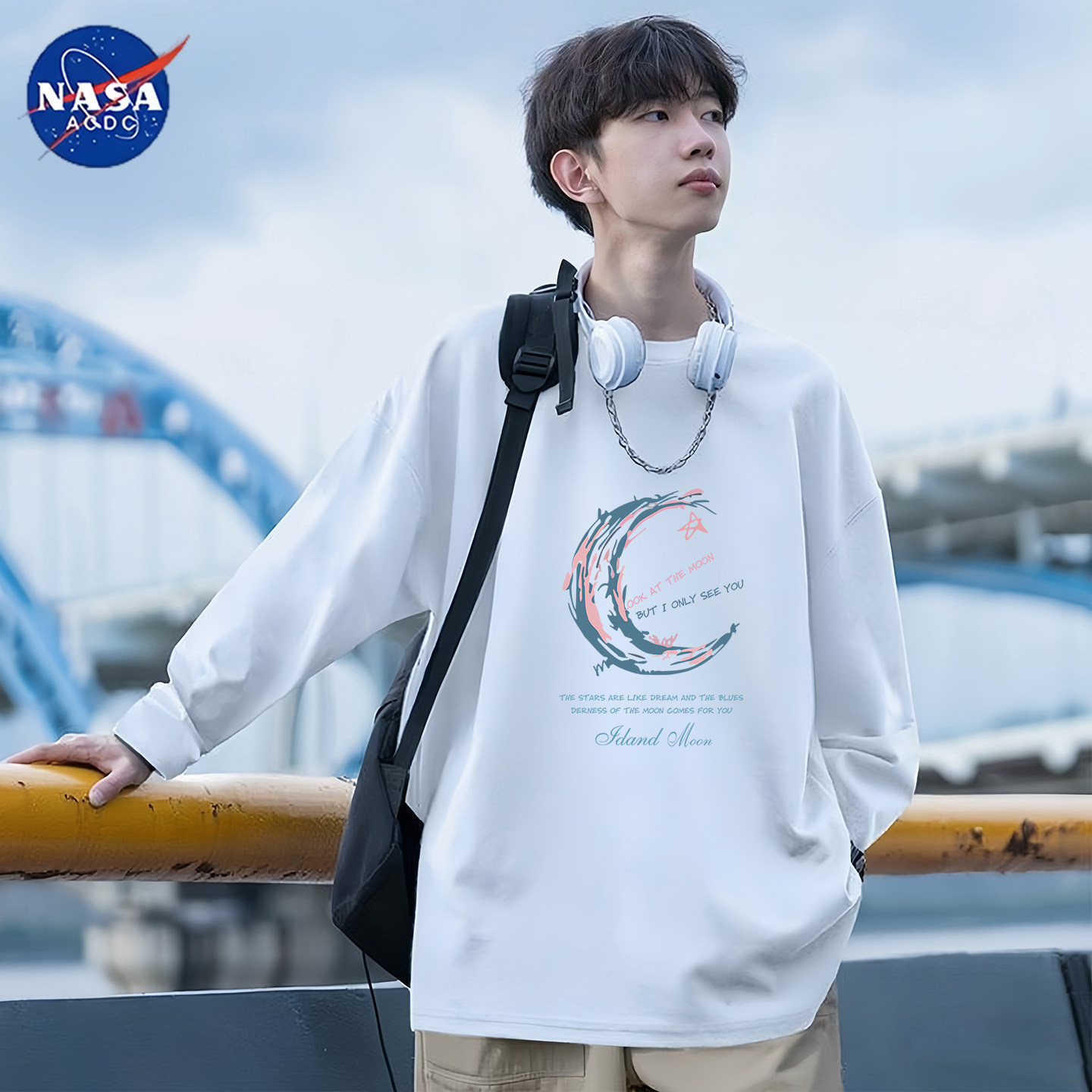NASA联名白色长袖t恤男重磅春秋全棉宽松青少年男士纯棉内搭上衣T