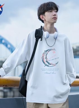 NASA联名白色长袖t恤男重磅春秋全棉宽松青少年男士纯棉内搭上衣T