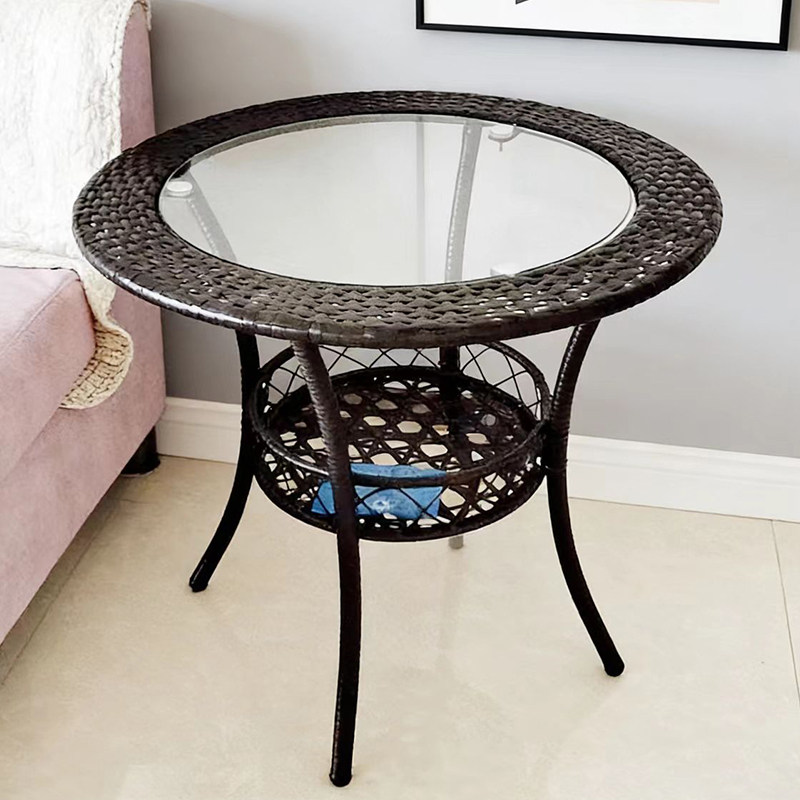 仿藤圆桌玻璃台面现代简约储物编织透明客厅茶几小圆桌玻璃桌防水