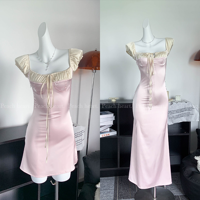 收腰方领绑带泡泡袖性感