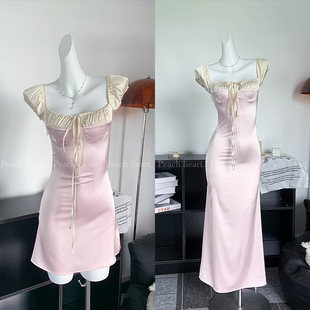 【Peach heart】法式甜美方领绑带泡泡袖收腰连衣裙缎面短裙女