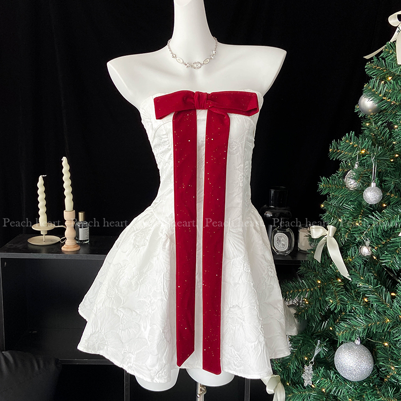 【Peach heart】白色法式生日小礼裙蝴蝶结圣诞抹胸高腰连衣裙女