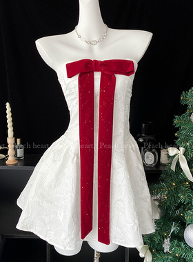 【Peach heart】白色法式生日小礼裙蝴蝶结圣诞抹胸高腰连衣裙女