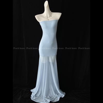 透视鱼尾连衣裙抹胸海边裙